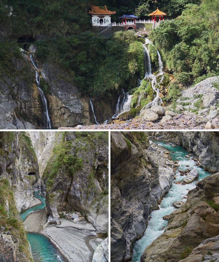 Breathtaking travel photos: a collage of stunning waterfalls, traditional architecture atop lush cliffs, and a turquoise river flowing through a deep canyon.