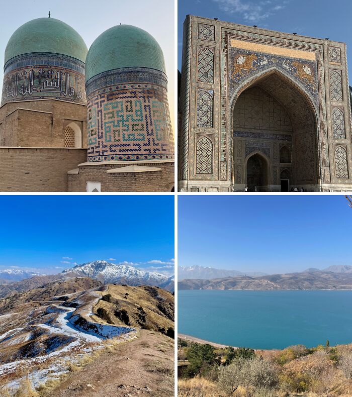 Breathtaking travel photos showcase diverse beauty: ancient architecture, snow-capped mountains, and a serene blue lake.