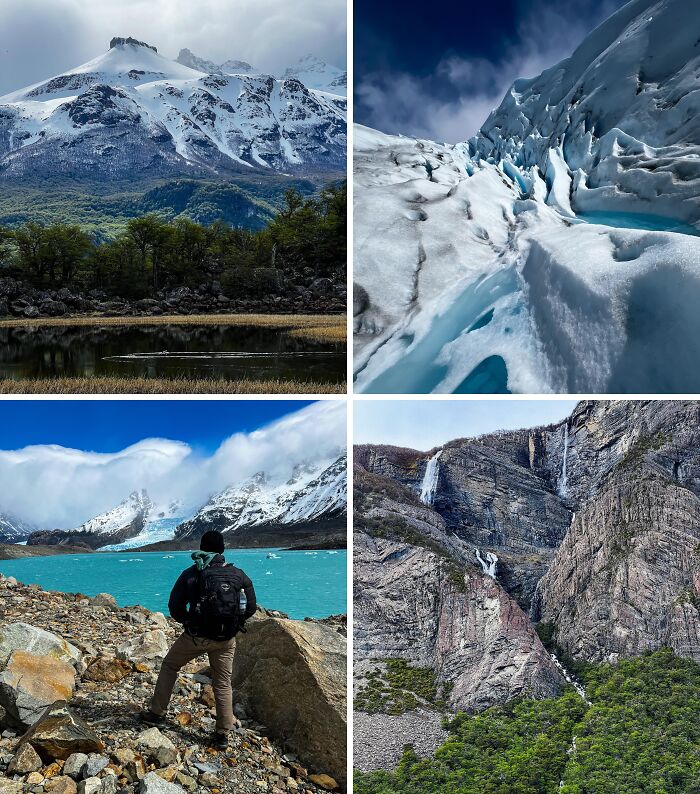 Breathtaking travel photos showcasing glaciers, mountains, a turquoise lake, and waterfalls. The world is beautiful.