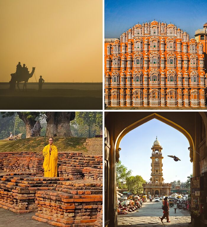 Four breathtaking travel photos: a desert camel caravan, the Hawa Mahal, a monk at ancient ruins, and an Indian street with a clock tower.