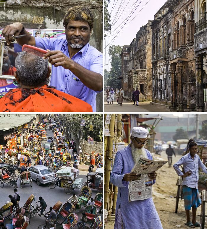 Four travel photos showcasing breathtaking scenes: a barber, old buildings, a busy street, and a man reading a newspaper.