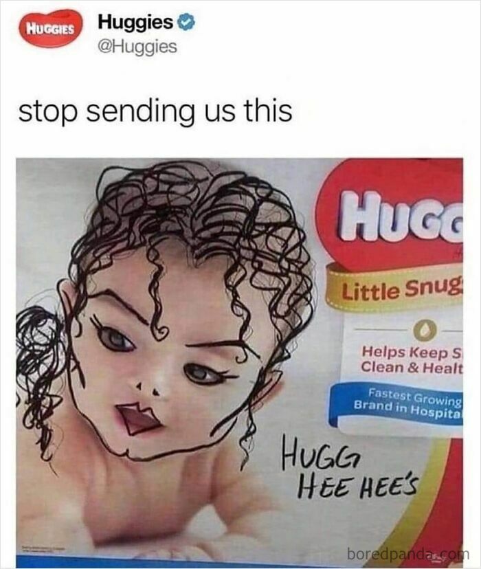 Huggies parody meme featuring a distorted baby drawing, capturing 90s memes humor and nostalgic internet content style.