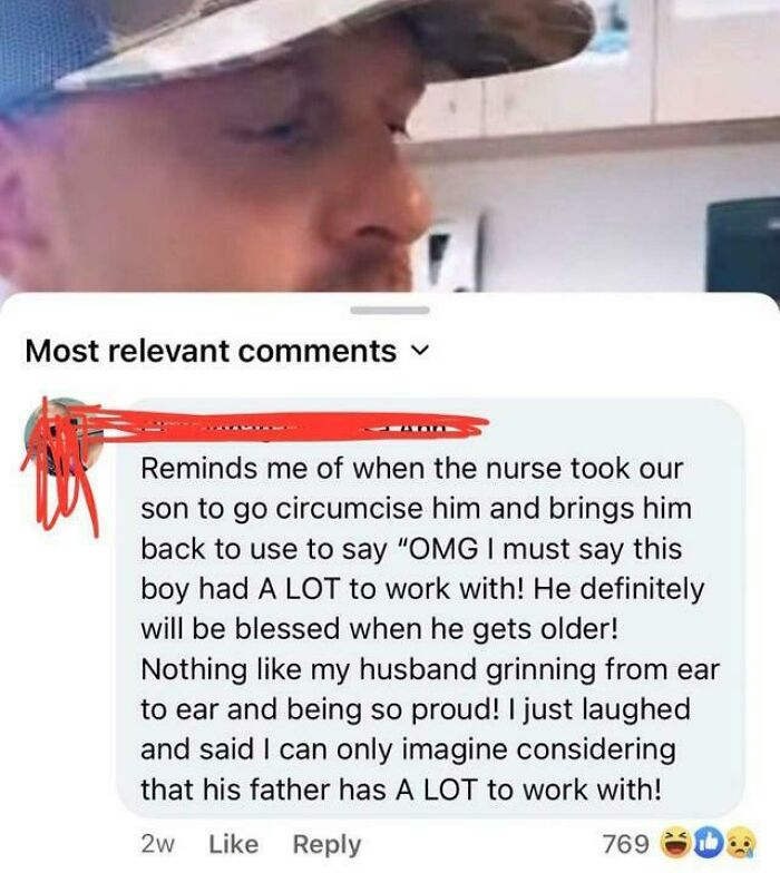 A cringey parent's comment on Facebook describing a nurse's remarks about her son's circumcision and her husband's reaction.