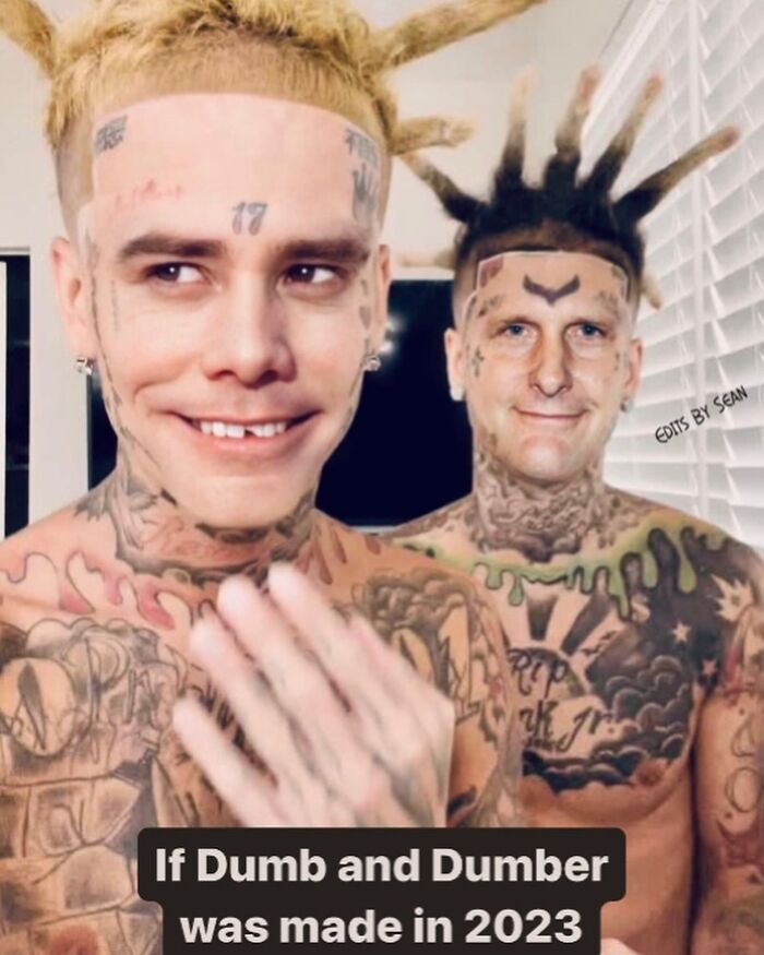 Two heavily tattooed men with 90s-style spiked hair, referencing memes from the 90s nostalgia era.
