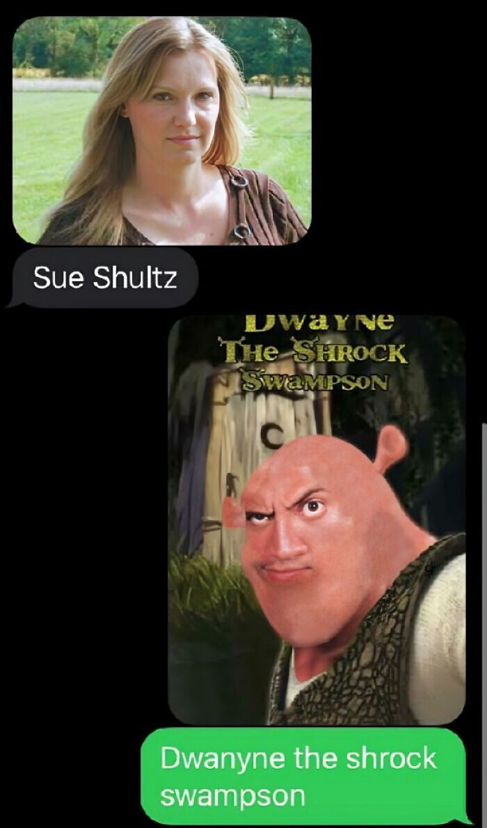 A text exchange with a woman named Sue Shultz, showcasing a funny text of Dwayne The Shrock Swampson. Laugh today!
