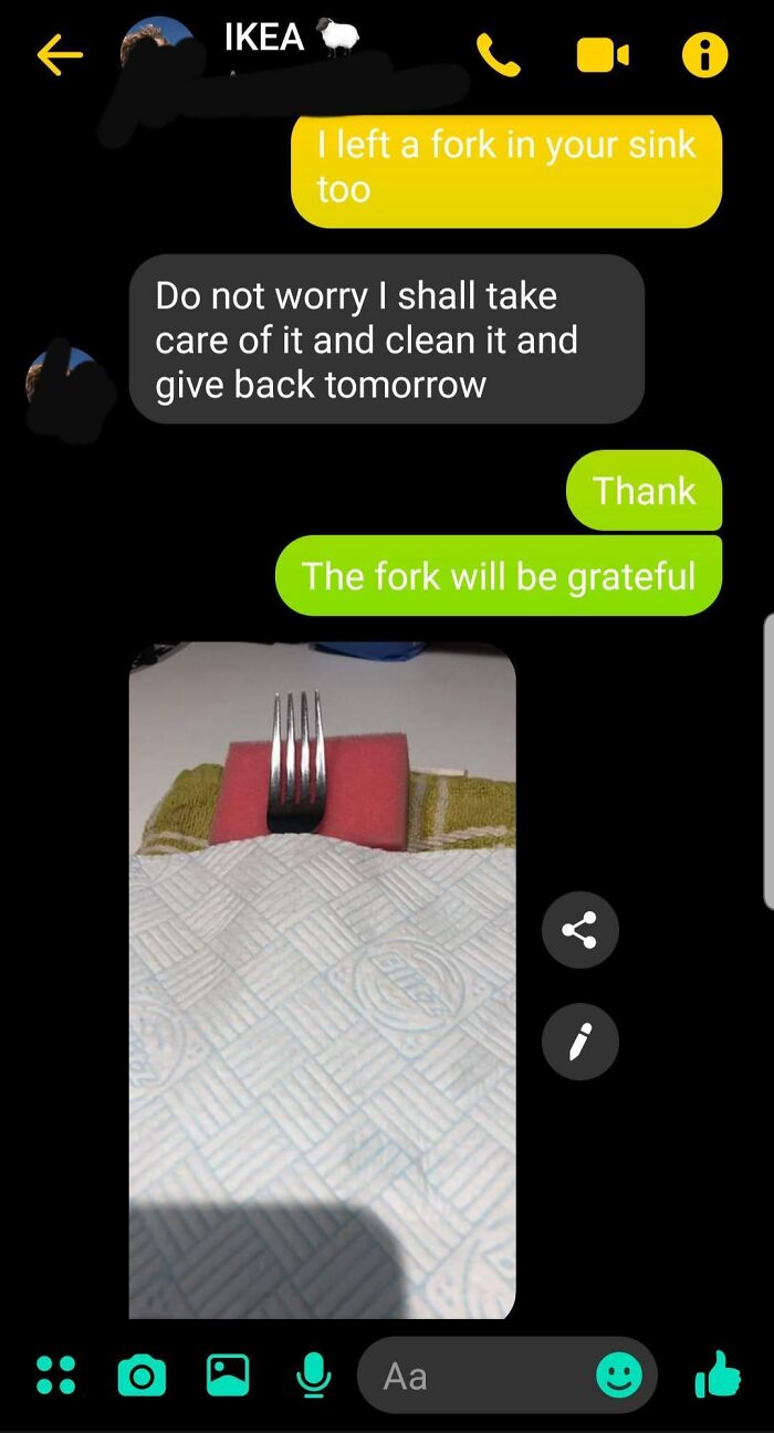 A funny text exchange about a fork left in a sink, with an accompanying image of a fork stuck in a red sponge.