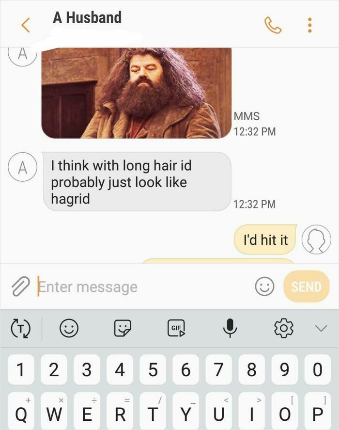 A funny text exchange shows a husband comparing himself to Hagrid, prompting a humorous reply. Laugh today!