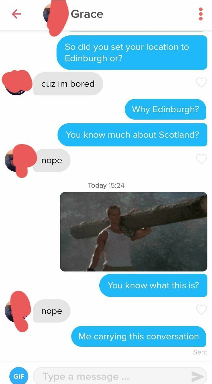 A funny text exchange where one person sends an image of a man carrying a log, captioned "Me carrying this conversation."