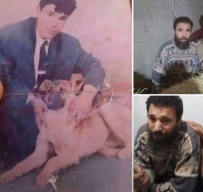 Old photo of a young man with a dog and recent images of a bearded man in casual sweaters indoors.