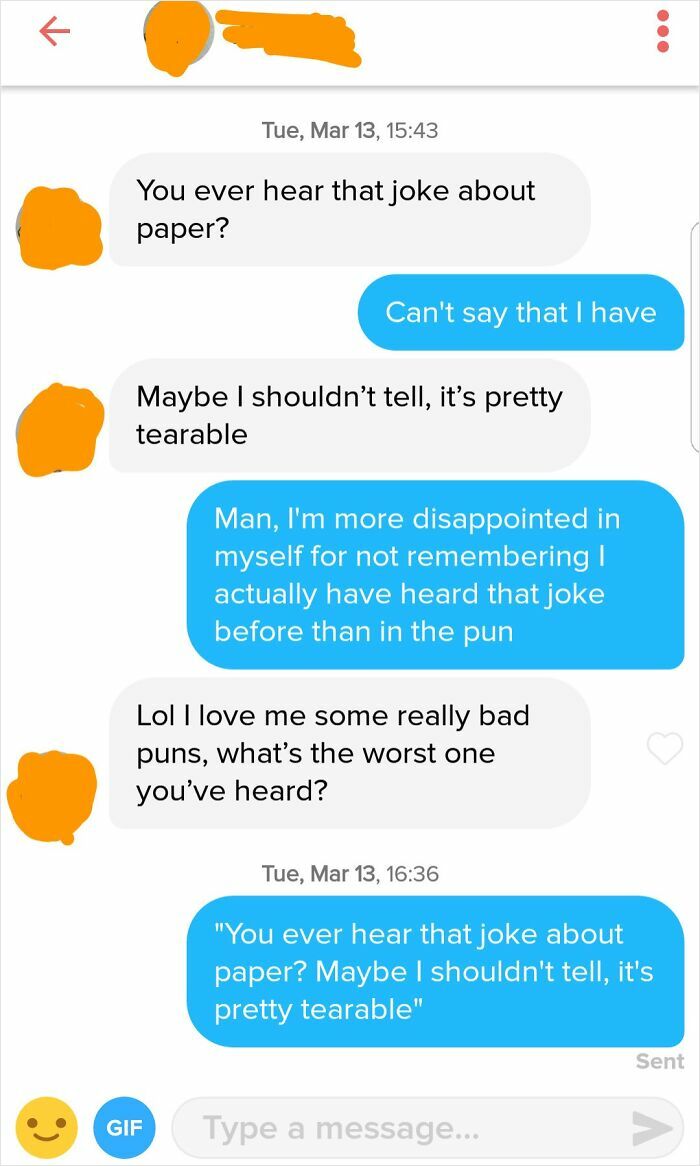 A funny text exchange about a paper joke, featuring an individual sharing and responding to a pun, making you laugh.