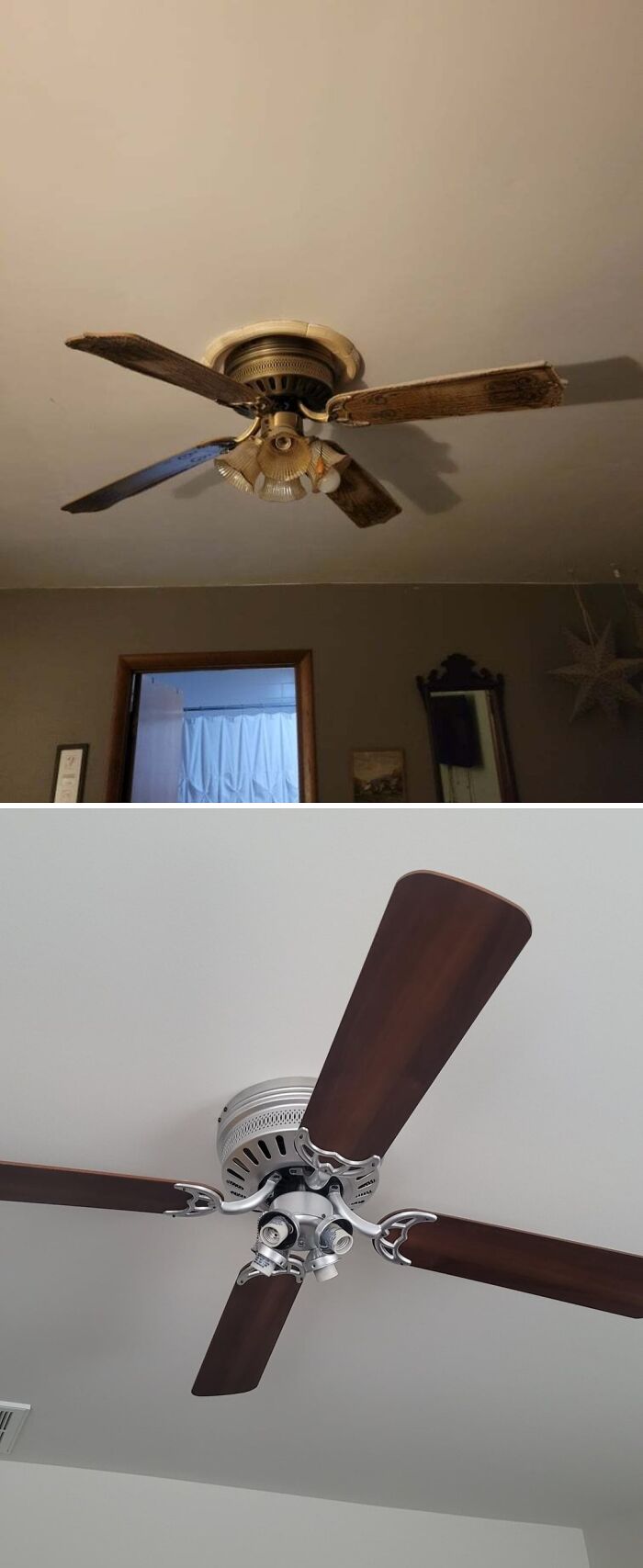 Top: a broken ceiling fan. Bottom: a new, modern ceiling fan. Unlocked a whole new world with these frugal tips.