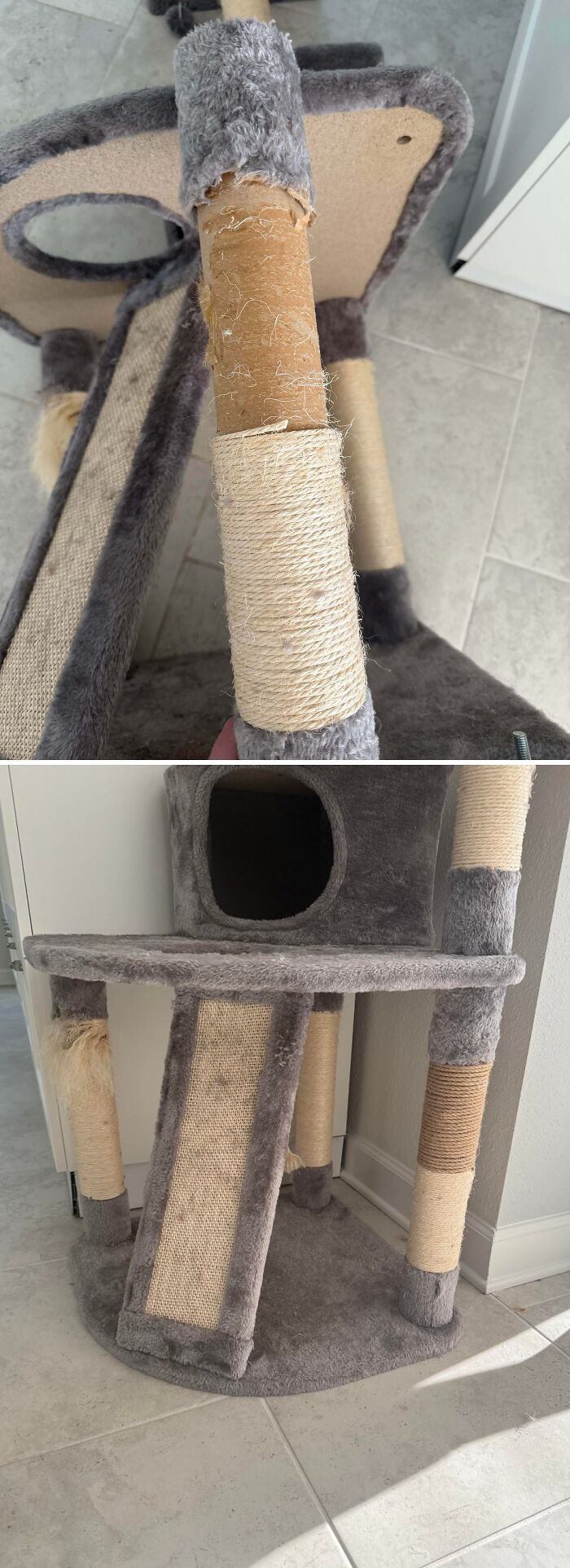 A worn-out cat tree with visible damage to the scratching posts, showcasing the need for frugal tips in this economy.