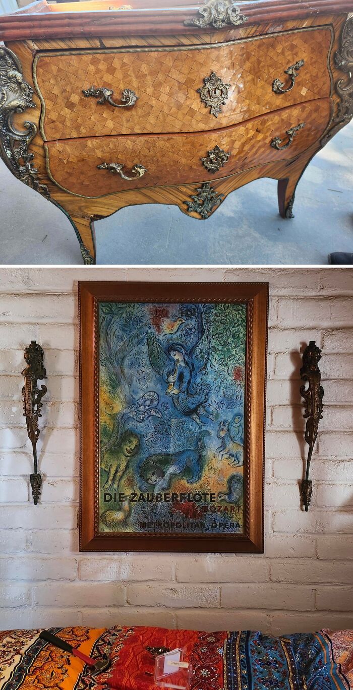 A top image of an ornate wooden dresser, below it a colorful opera poster on a white brick wall. Frugal tips for a whole new world.