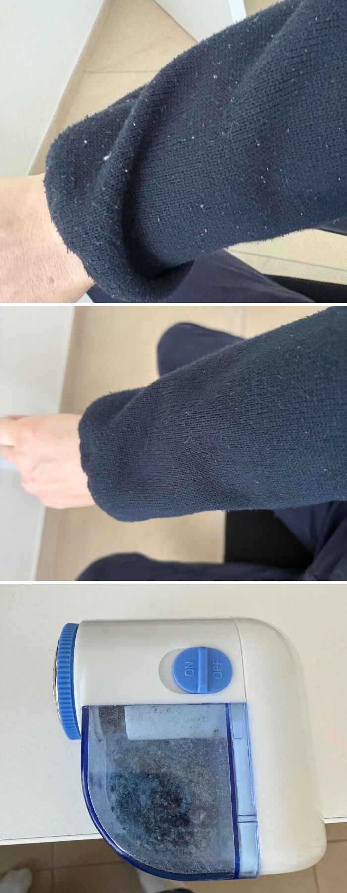 Series of images showing a pilled sweater before and after using a fabric shaver, illustrating frugal tips for clothing care.