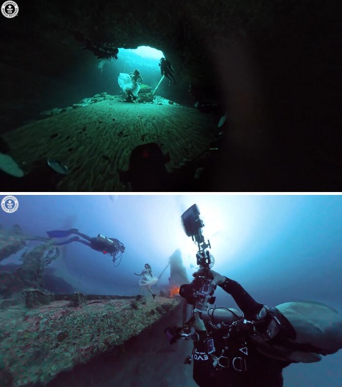 Uncomfortable water pics of divers and a woman in a dress underwater, showcasing unique aquatic photography.