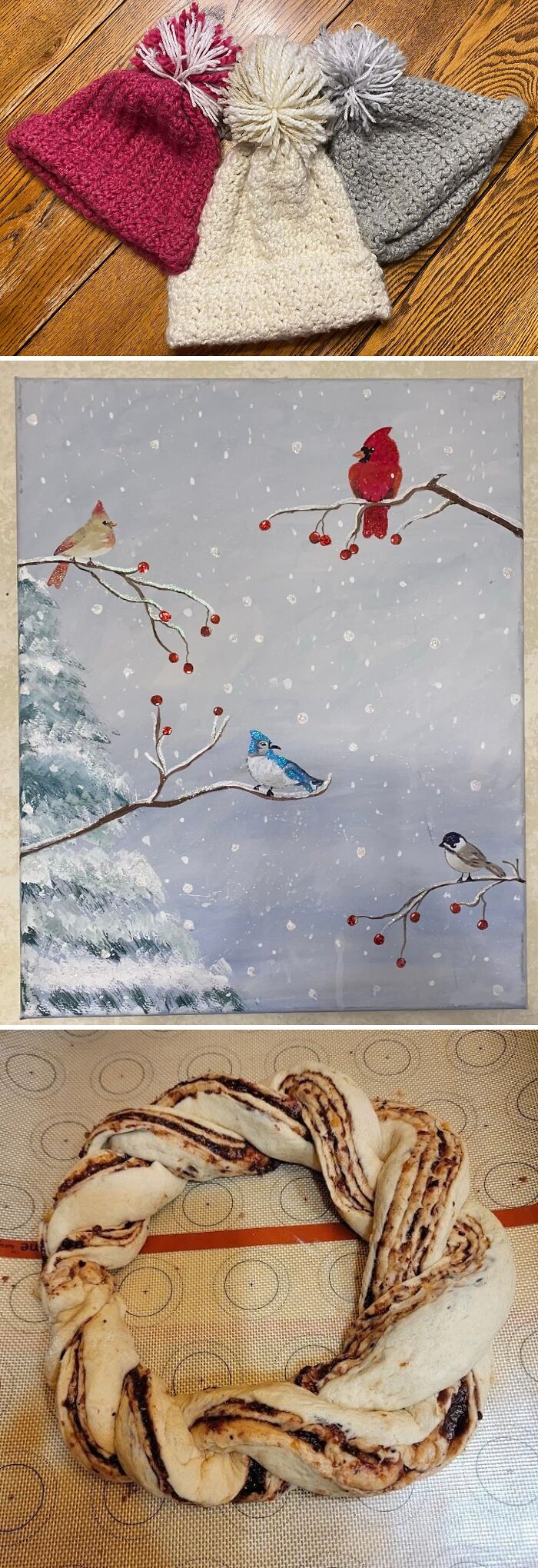 Three crocheted hats, a winter bird painting, and chocolate babka, demonstrating frugal tips for a whole new world.