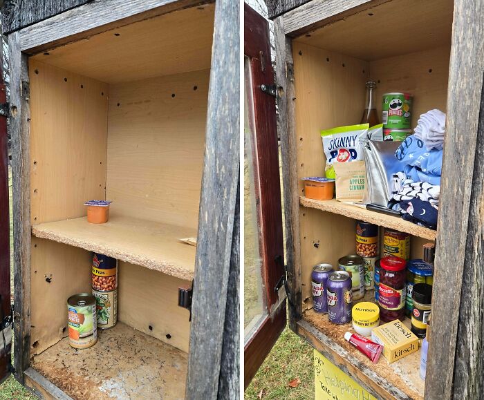 A split image showing a bare community pantry on the left and a stocked one on the right, demonstrating frugal tips.