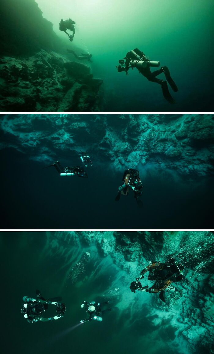 Multiple underwater photos showing divers exploring dark caves, highlighting uncomfortable water pics that make you feel small.