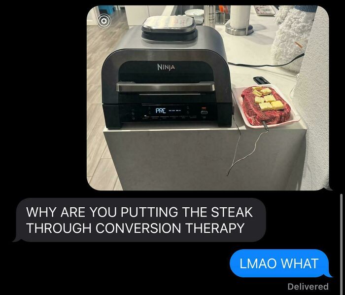 Funny text exchanges: A text conversation about a Ninja Foodi grilling a steak with butter.