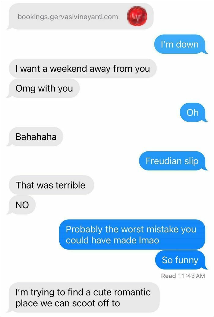 A funny text exchange where someone accidentally typed I want a weekend away from you instead of with you.