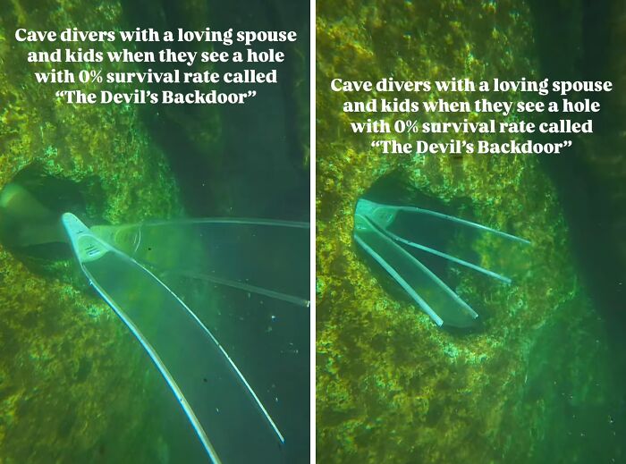 Two underwater scenes show fins approaching a dark hole, one with fins together and the other with fins spread, illustrating how water pics make you feel small.