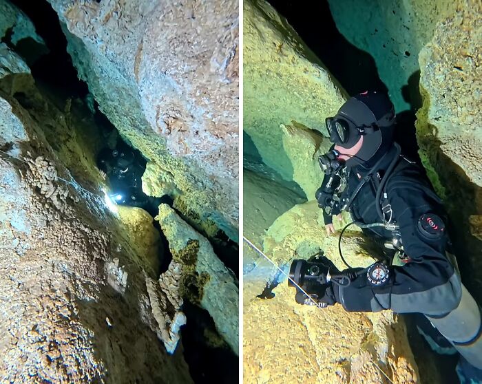Uncomfortable water pics of a diver navigating a narrow underwater cave. The dark crevice makes you feel small.