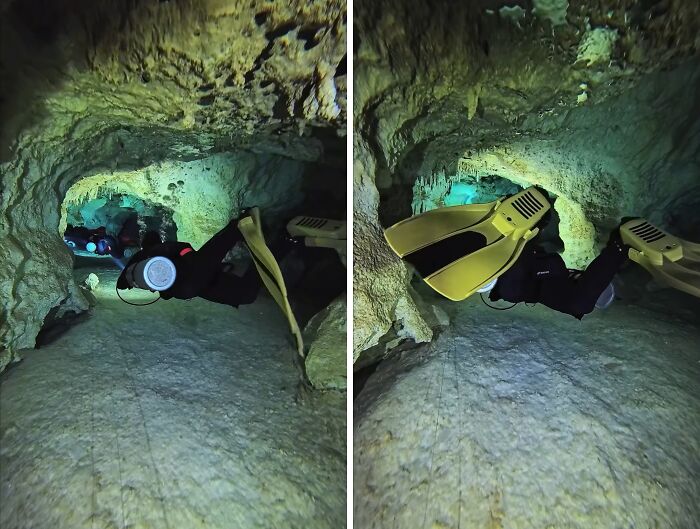 Two images of divers exploring an underwater cave, illuminated by their lights. Uncomfortable water pics that make you feel small.
