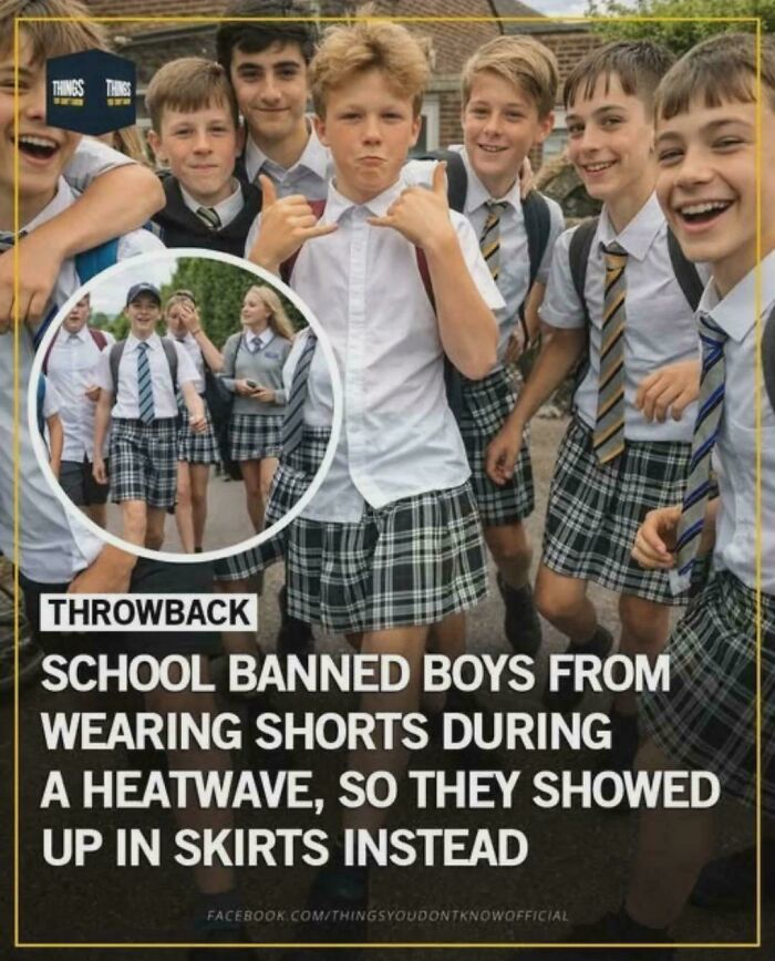 Uplifting posts of school boys wearing skirts as a protest against a shorts ban during a heatwave.
