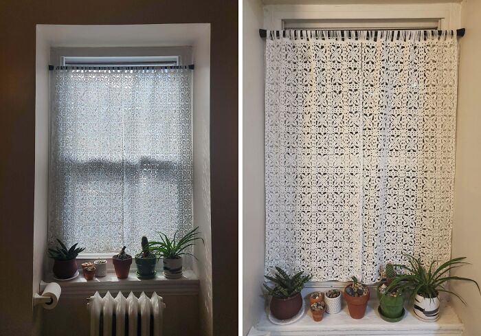 Before and after comparison of a window with a crocheted curtain, showing the awesome crochet work.