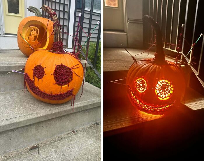 Two crocheted pumpkins on steps, one with a glowing face at night, showcasing awesome crocheted Halloween decorations.