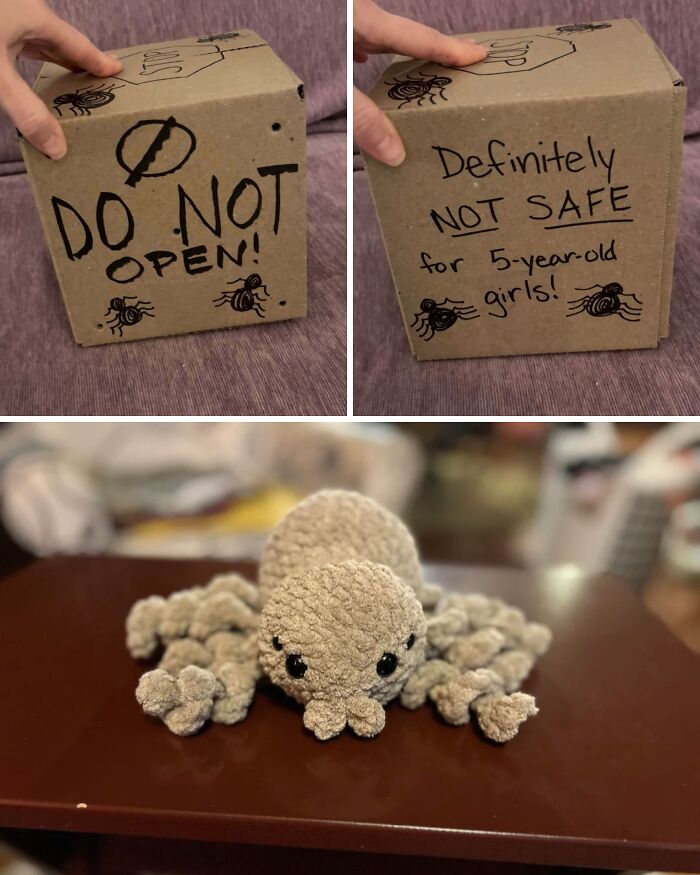A DIY box reads "DO NOT OPEN" and "NOT SAFE for 5-year-old girls!" revealing an awesome crocheted spider.