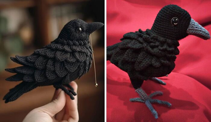 Two detailed crocheted crows, one held by a hand and the other on a red background. Awesome crocheted crow art.