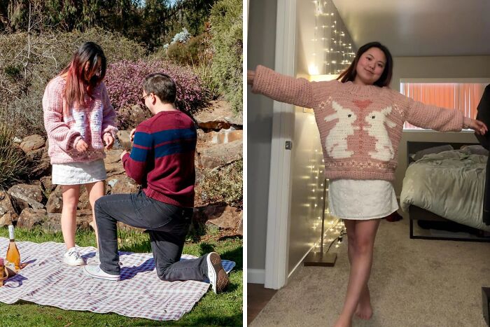 A man proposes to a woman wearing a cute bunny crocheted sweater, then she poses in the same awesome crochet.