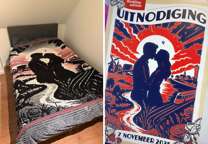A beautiful crocheted blanket featuring a couple kissing, inspired by a wedding invitation. This awesome crocheted item wowed the internet.