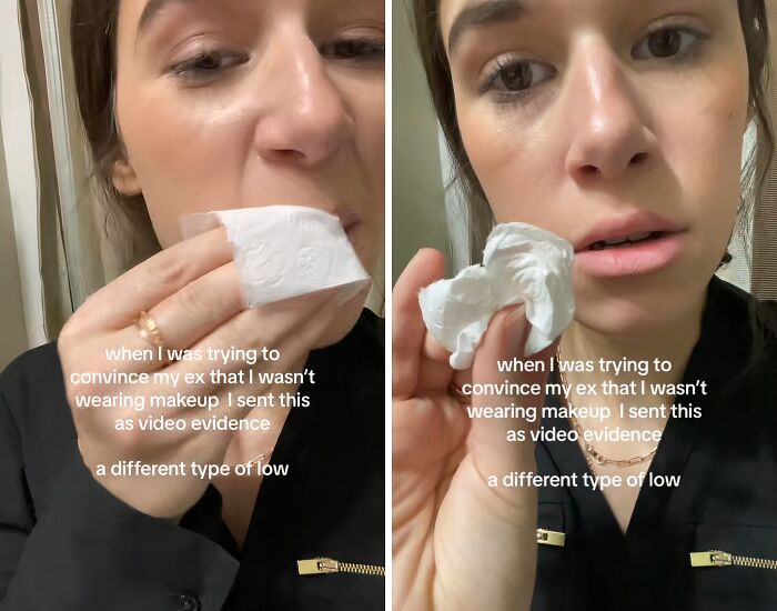 A woman dabbing her face with a tissue and holding a crumpled tissue, detailing red flags that made her end things.
