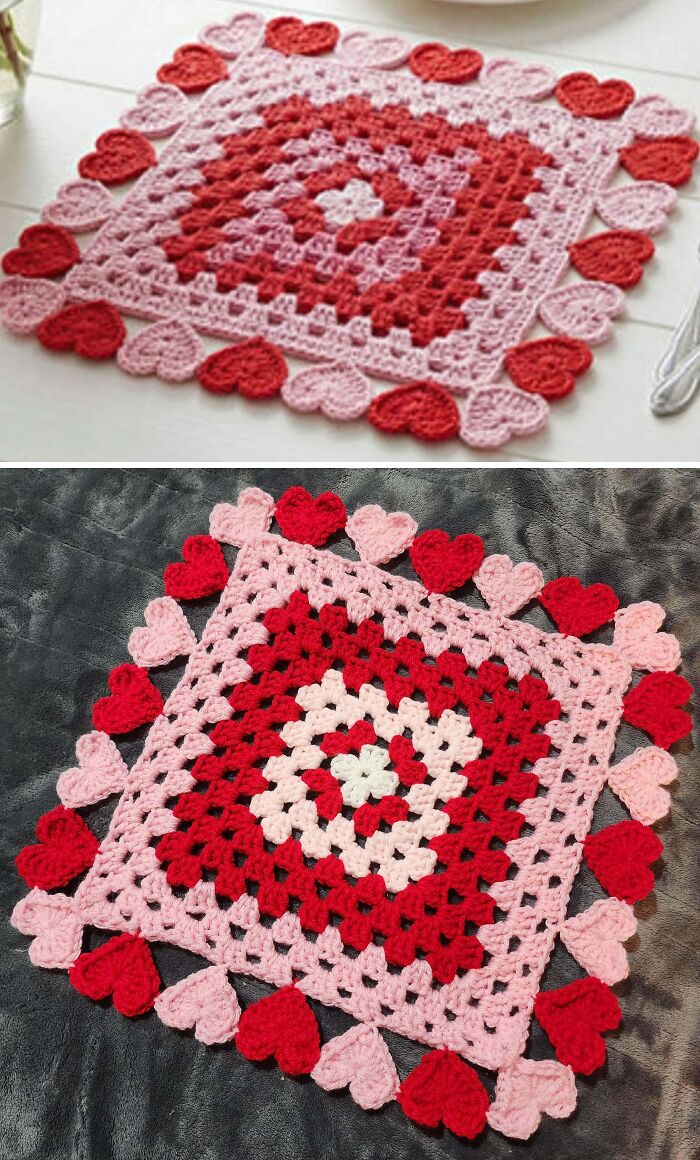 Two crocheted pink and red heart-patterned square doilies, handmade with love. Awesome crocheted art!