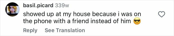 An Instagram comment from basil.picard describing a red flag: someone showed up at their house because they were on the phone with a friend instead of them.