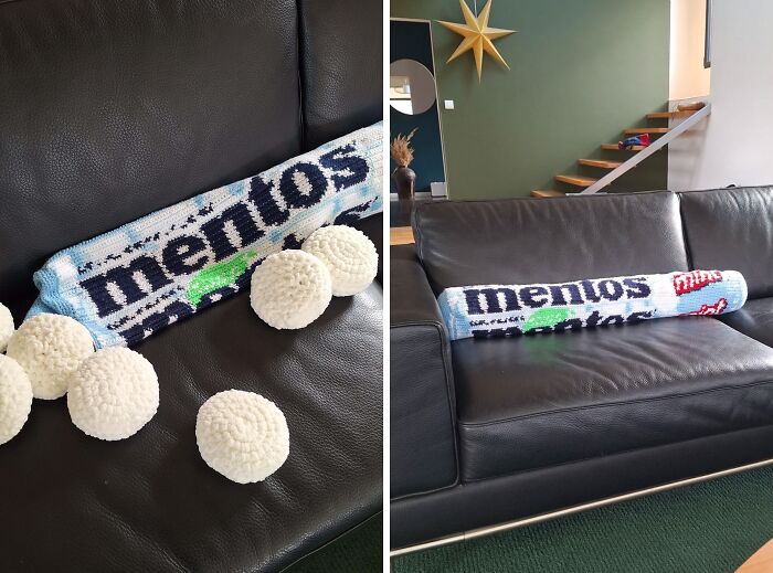 Awesome crocheted Mentos pillow and candies on a couch. People crocheted something awesome, wowing the internet.