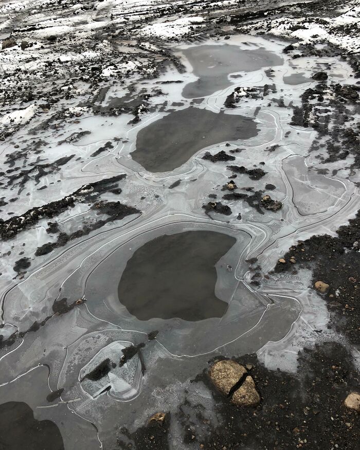 Unbelievable photos showing frozen puddles and mud, with captivating ice patterns, like a glimpse into another universe.
