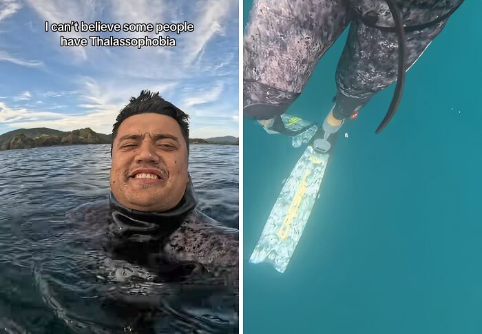 Uncomfortable water pics of a man in a wetsuit, expressing disbelief about thalassophobia, next to a view of fins deep underwater.