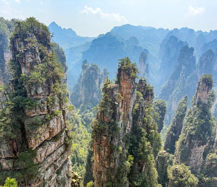 Unbelievable Photos of towering, tree-covered karsts in a misty valley, resembling another universe.