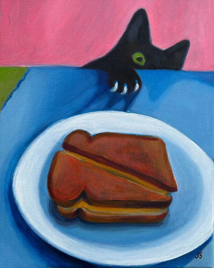 A painting of a black cat reaching for a grilled cheese sandwich, a talented handmade artwork.