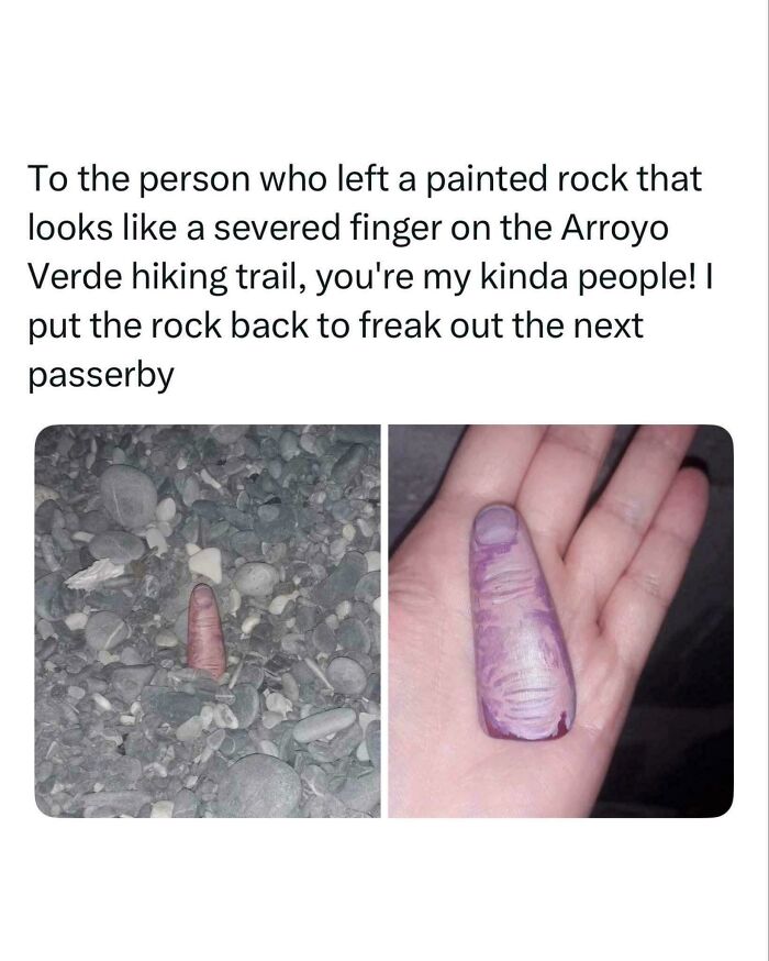 A rock painted to look like a severed finger, found on a hiking trail, then held in a hand. Creepy images for Hair of Kids I Babysit.