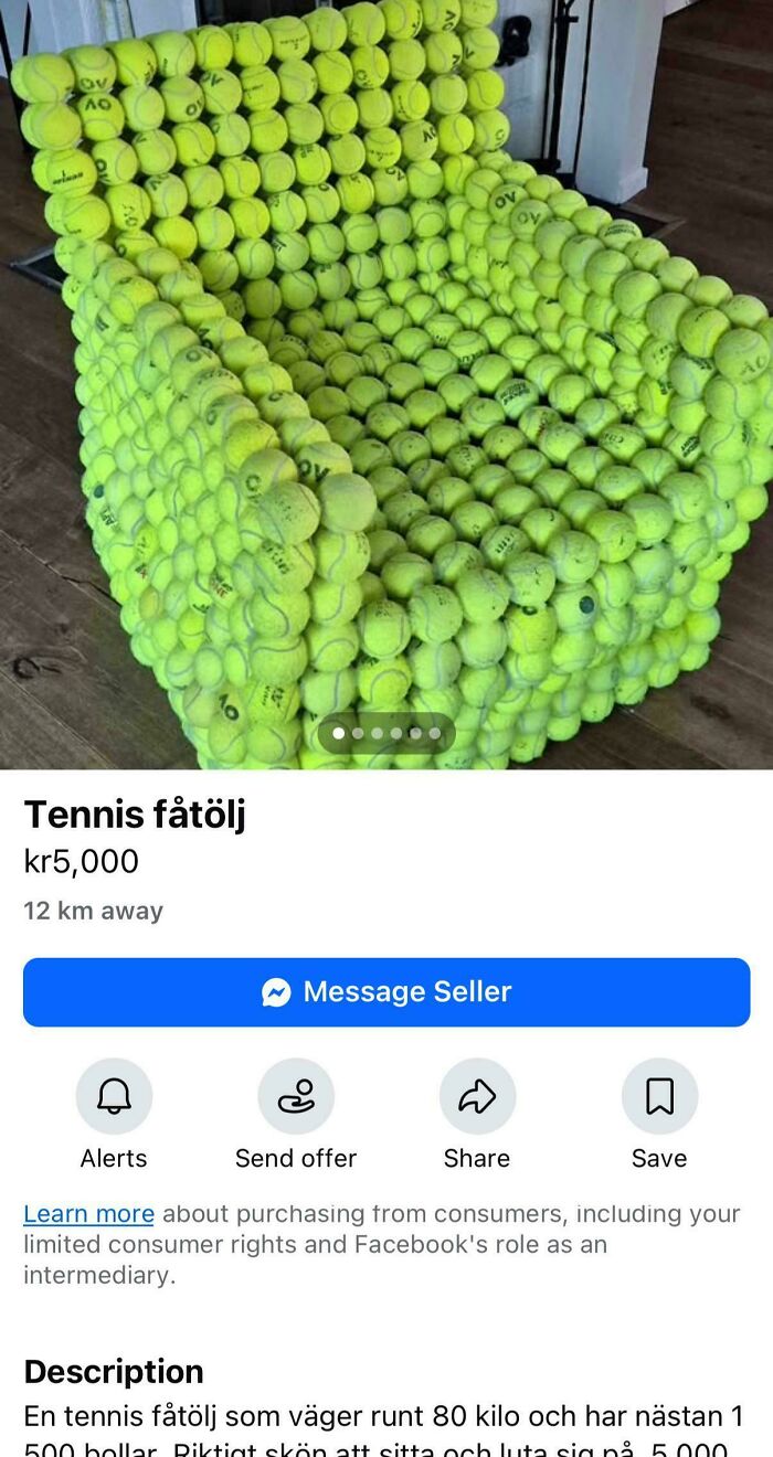 A close-up of a unique chair made entirely of tennis balls, a perfect example of a DiWHY project.