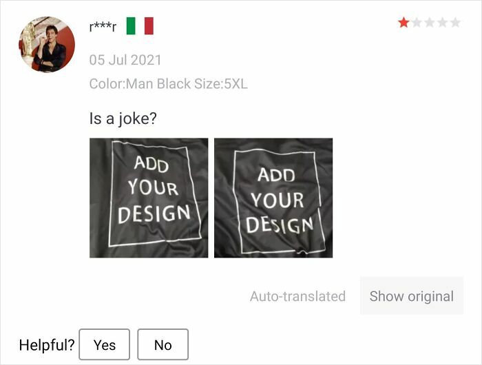 A 1-star review from a customer who ordered from Temu or AliExpress, showing a shirt with ADD YOUR DESIGN printed, a clear lesson learnt.