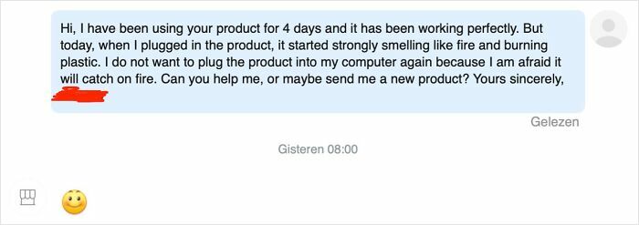 Chat message from a customer reporting a dangerous, faulty product bought from Temu or AliExpress, smelling like fire.