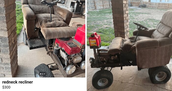 A DiWHY invention: a lawnmower converted into a recliner, called a "redneck recliner," for $300.