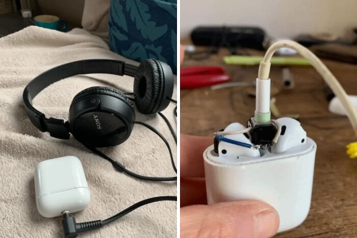Two DiWHY attempts: a headphone cable plugged into a white adapter, and a charger forcibly connected to an AirPod case.