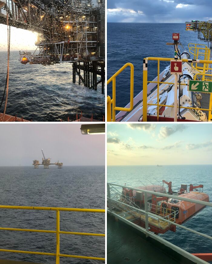Uncomfortable water pics of offshore oil rigs and vast oceans, making you feel small. Lifeboats and safety equipment visible.