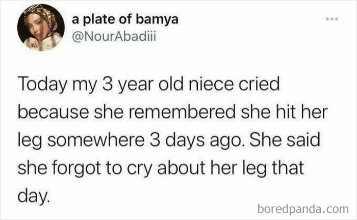 A tweet describing a funny kid moment: a 3-year-old cried for a leg injury she remembered from 3 days ago.
